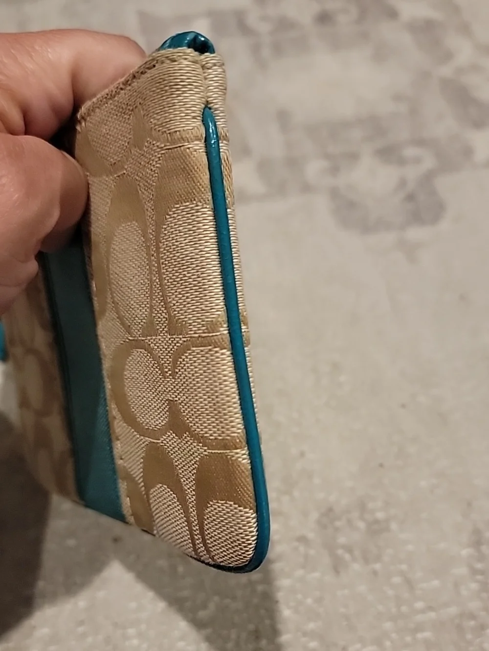 Coach Tan Signature Canvas Wristlet with Jade Green Stripe And Leather Trim